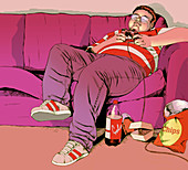 Overweight boy playing videogames, illustration