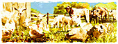 Farmyard animals in field together, illustration