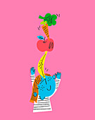 Child balancing fruit and vegetables, illustration
