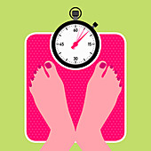 Woman on bathroom scales with stopwatch ticking, illustratio