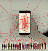 Tangled lines connecting smart phone to lots of people, illu