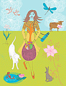 Young woman going for picnic, illustration