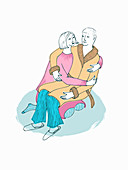 Woman supporting ill husband, illustration