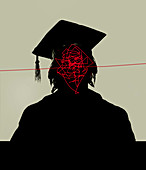 Tangled lines inside of graduate's head, illustration