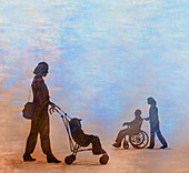 Child in pushchair and old man in wheelchair, illustration