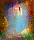 Man trapped in maze inside of head, illustration