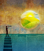 Man looking at brighter future, illustration