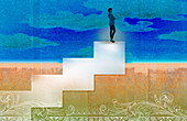Businesswoman standing on top of stairs, illustration