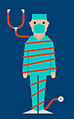 Surgeon tied up in stethoscope, illustration