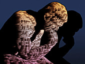 The Thinker in three dimensional binary code, illustration