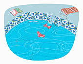 Woman doing aquapilates in swimming pool, illustration