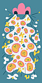Germs exploding from sneezing nose, illustration