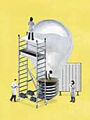 Scientists planting seedling in light bulb, illustration
