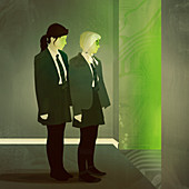 Schoolgirls staring into cyberspace, illustration