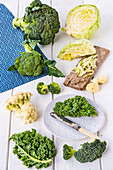 Broccoli, cauliflower, green cabbage and kale