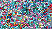 Multicoloured drug capsules, illustration