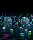 3D circuit board jigsaw through spectacles,illustration