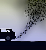 Question marks in car exhaust fumes,illustration