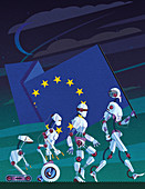 Evolution of robots carrying EU flag,illustration