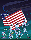 Evolution of robots carrying US flag,illustration