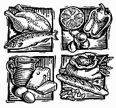 Engraving of food groups for healthy balanced diet