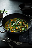 Sweet potato coconut curry with french beans, spinach, cashew nuts and coriander