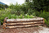 Herbs in rustic raised bed made from tree trunks