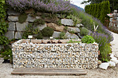Raised bed made from gabions in front of rugged stone wall on slope