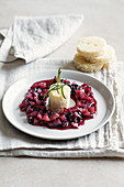 Agri di Valtorta with pear and blueberry compote and white bread