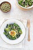 Pearl barley and broccoli tabbouleh with soft boiled egg