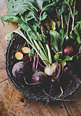 Young beetroot with leaves in a basket