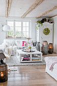 Autumnal decorations in shabby-chic style in bright living room