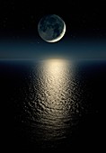 Moon setting over an ocean, illustration