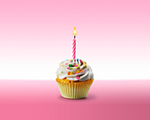 Birthday cupcake with frosting and lit candle