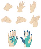 Handwashing technique and cleanliness map, illustration