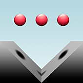 Three balls suspended above v-shape, illustration