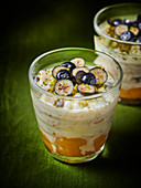 Rice pudding with pistachios and blueberries