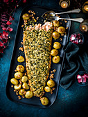 Roast salmon with herb crust and brown shrimp butter