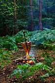 Salmon on fire in woods