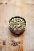 Buckwheat in a round metal tin