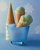 Pistachio ice cream in cones