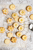 Multiple linzer cookies with powdered sugar