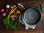 A pan, vegetables and spices