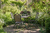 Sitzplatz auf schattiger Terrasse neben Borstenakazie