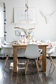 Shell chair at set wooden table in white dining room