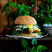 Sesame seed burger bun with asparagus and egg