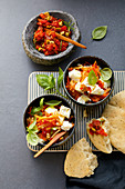 Spicy carrot and basil salad with an olive and tomato relish