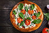 Pizza mit Tomaten, Mozzarella und Basilikum