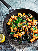 Vegeterian sweet potato gnocchi with dill and parsley tapenade