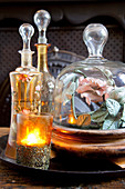 Windlicht, antike Karaffen und Rose unter Glashaube auf Tablett